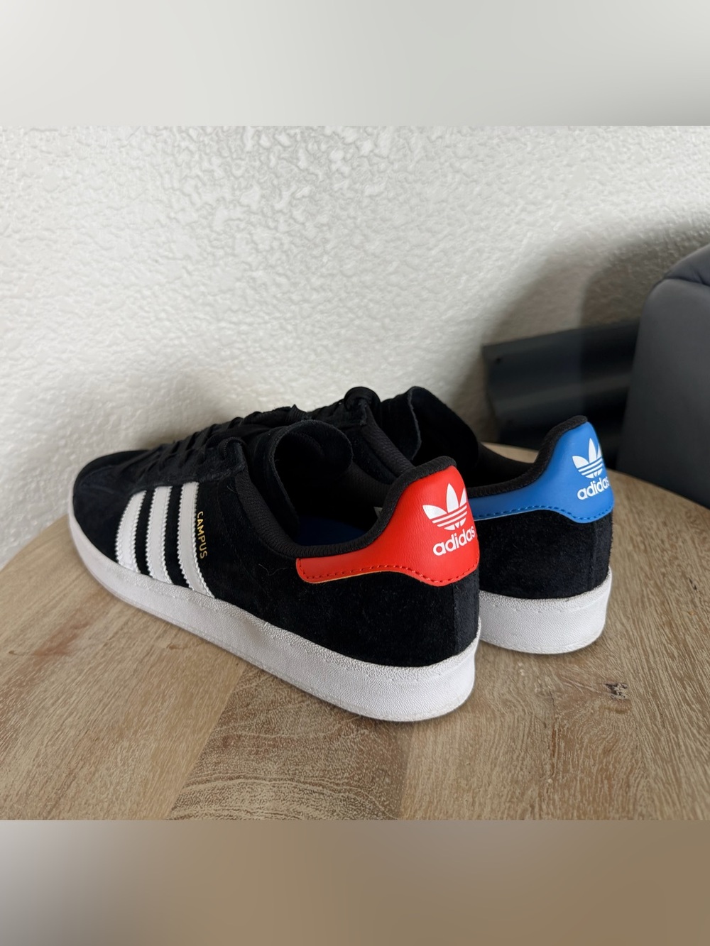 adidas Black Suede Campus Sneakers with White Stripes and Red / Blue Heel
